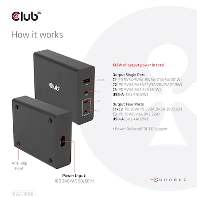 Club3D Reiseladegerät CAC-1906 132W GAN-Technologie, USB Typ-A und -C mit Vier Anschlüssen, Power Delivery (PD) 3.0-Unterstützung