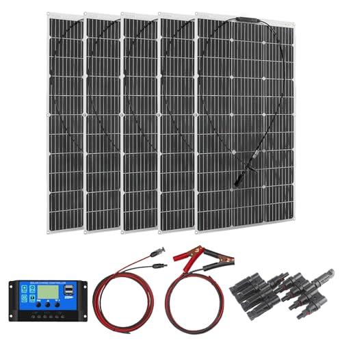 500W 18V flexible solar panel kit 5 pieces 100W monocrystalline off-grid module 50A solar charge controller, for charging 12V batteries - mobile homes, caravans, boats, roofs.