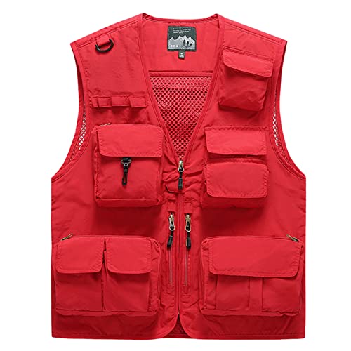 Herren Outdoor Weste mit Vielen Taschen Anglerweste Leicht Safari Weste Sommer Multifunktionsweste Atmungsaktiv Angeln Weste,Rot,7XL