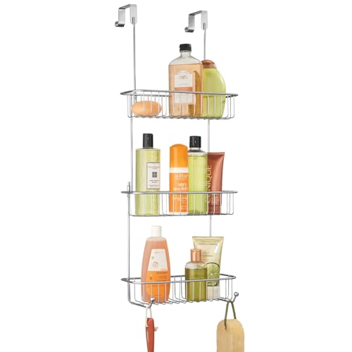 mDesign Metall-Duschtür-Caddy, hängende Badezimmer-Aufbewahrung, Organizer in der Mitte mit integrierten Haken und Körben auf 3 Ebenen für Shampoo, Duschgel, Luffa, Chrom