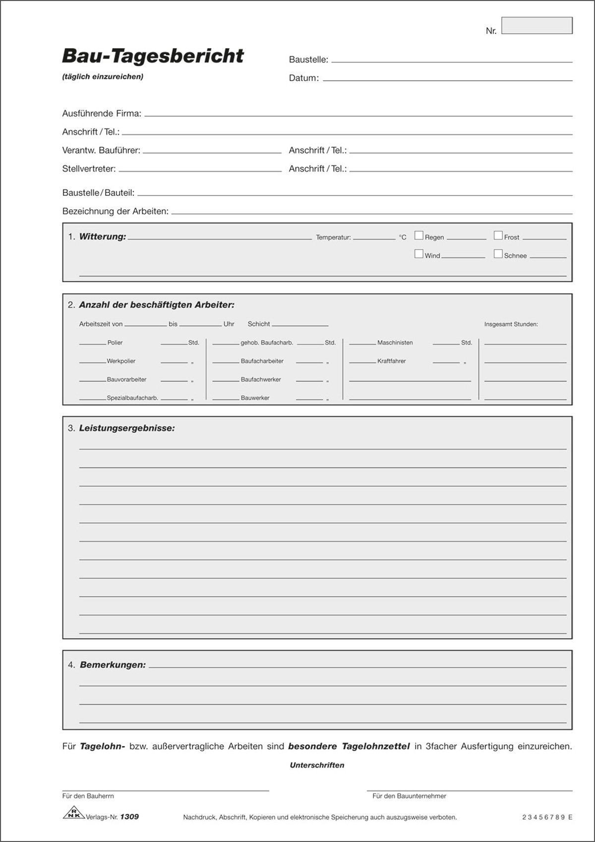 RNKVERLAG 1306 - Bau Tagesbericht, Block mit 3 x 50 Blatt, mit Durchschreibepapier, DIN A4