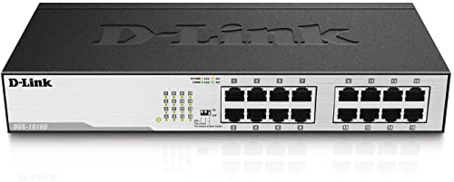 D-Link DGS-1016D Gigabit Switch (16 Ports, 10/100/1000 Mbit/s, einfache Plug & Play-Installation, lüfterlos), Schwarz, Metallisch