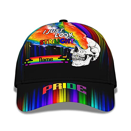 831 Herren Damen Snapback Kappe Baumwolle Baseballmütze Leicht Baseballkappe Für Laufen Wander Kletter Passen Sie Den Namen LGBT Pride Mit Rainbow Color Skull I Just Look Straight Printed An