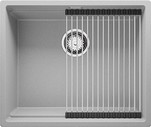 Unterbauspüle Grau 56 x 47 cm, Granitspüle 1 Becken + Ablauf-Set (Drehknopf), Spülbecken ab 60er Unterschrank, Küchenspüle von Primagran