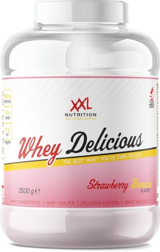 XXL Nutrition - Whey Delicious Protein Pulver - Leckerste Shake - Eiweiss Pulver, Whey Protein Isolat & Konzentrat - Hohe Qualität - 78,5% Proteingehalt - Erdbeere - 2500 Gramm