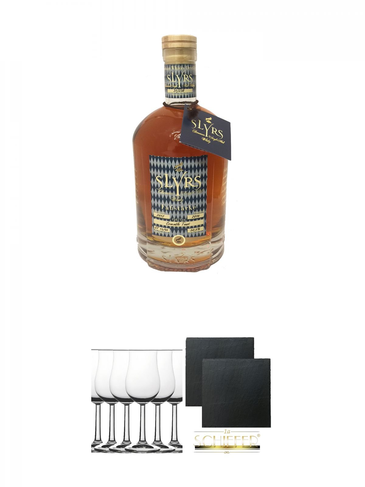 Slyrs Bavarian Faßstärke Single Malt Whisky aktuelle Abfüllung Deutschland 0,7 Liter + Whisky Nosing Gläser Kelchglas Bugatti mit Eichstrich 2cl und 4cl 6 Stück + Schiefer Glasuntersetzer eckig ca. 9,5 cm Ø 2 Stück