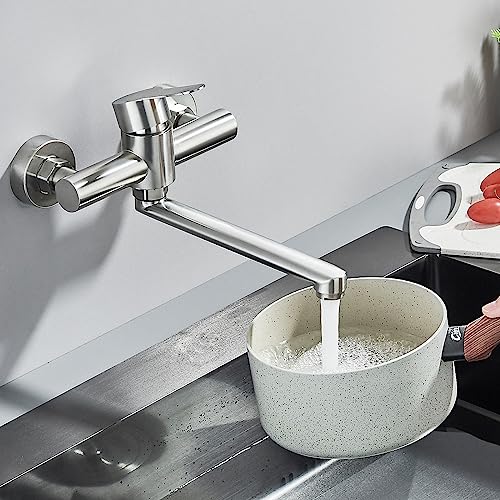 Rozin Wasserhahn Küche Wandmontage Küchenarmatur Gebürstetes Nickel Messing mit 360°Drehbar