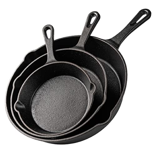 Pre-Seasoned Cast Iron Bratpfanne Bratpfannen Ofen sicheres Kochgeschirr für den Innen- und Außenbereich - Grill, StoveTop, Schwarz (3-teiliges Kochset 6-Zoll 15 cm, 8-Zoll 20 cm, 10-Zoll 25 cm)