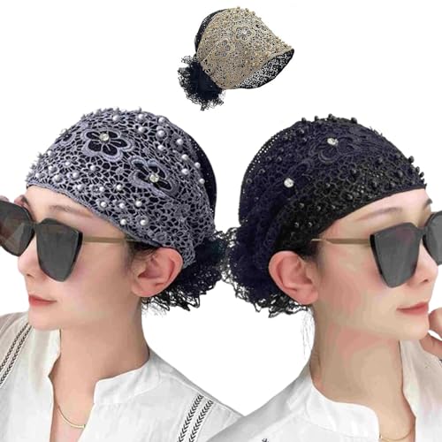 Damen Kopfband mit floraler Spitze, Perlenbesetzt, florales Spitzen-Stirnband, hochelastisches Netz-Kopfband, Frühling, Sommer, elegantes Haar-Accessoire (schwarz + blau)