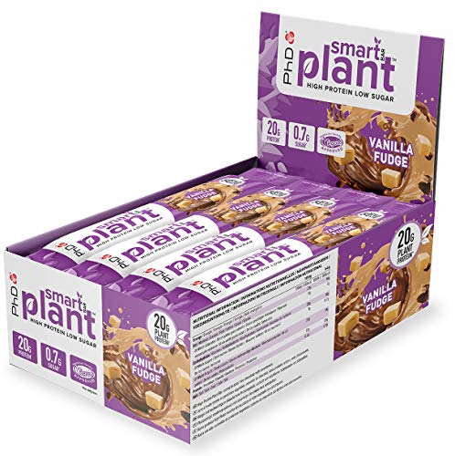 PhD Smart Plant Proteinriegel Vegan - Pflanzlicher Eiweissriegel — Zuckerarm, Hoher Proteingehalt - 12 x 64 g (12er Pack), Vanilla Fudge