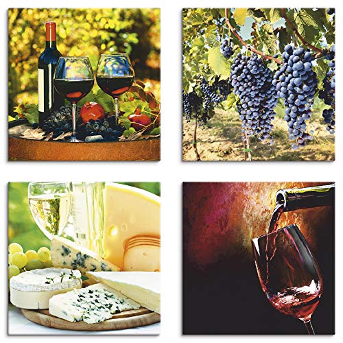 Artland Leinwandbilder auf Holz Wandbild Bild Set 4 teilig je 30x30 cm Quadratisch Essen Getränke Wein Rot Gläser Rotwein Trauben Käse S6GW