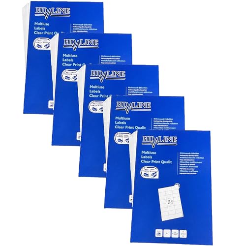 Hd-line Adressetiketten 5 Packungen, 100 Blatt, 70 x 37 mm, 12000 Stück, Selbstklebend, bedruckbar, matt, blanko Papier Adressaufkleber Etiketten, Universal, 24 pro A4 Bogen, weiß