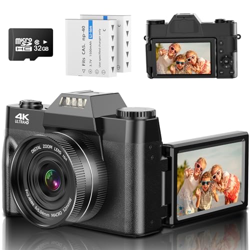 Digitalkamera, Autofokus 4K 48MP Kamera Fotokamera 16X Digitalzoom Kompaktkamera 3.0 Zoll 180-Grad-Drehung Flip-Screen Fotoapparat für Anfänger, Erwachsene (32GB Micro SD Karte & Weitwinkelspiegel)