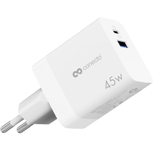 conecto USB-C Ladegerät, USB-Netzteil, 2 Port, 1x USB-C 45 Watt Max. PD, 1x USB A 12 Watt Max., Schnellladegerät, Handy-Ladegerät, automatische Ladestromerkennung, weiß