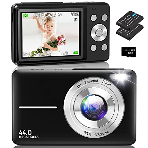Amdeurdi Digitalkamera, wiederaufladbare Digitalkameras mit 16-fachem Zoom, FHD 1080P 48MP 16X Zoom Kompaktkamera für Anfänger Fotografie mit 2 Akkus, 32G Speicherkarte, Schwarz