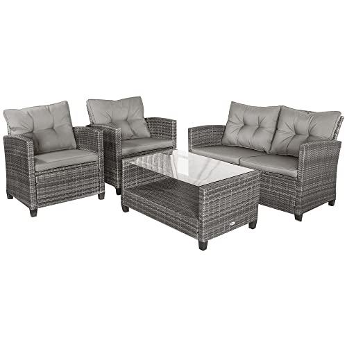 Outsunny Polyrattan Sitzgarnitur 4 TLG. Sitzgruppe Gartenset Sofagarnitur Gartenmöbel Set Lounge Metall Luxus Grau