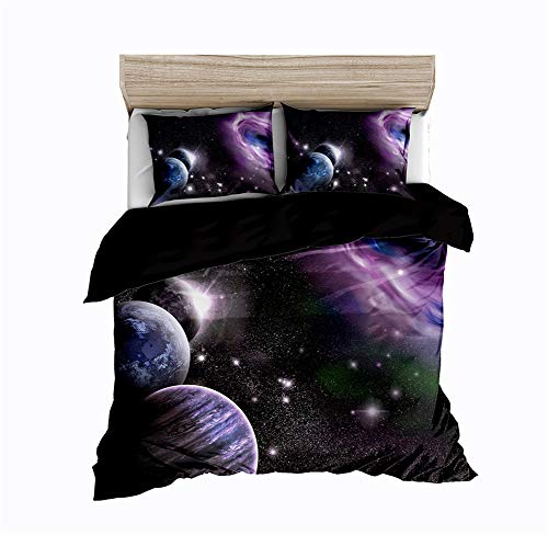 Timiany Bettwäsche-Set 3D Galaxy Sternenhimmel Universum Mond Duvet Quilt Und Kissenbezug135x200+80x80cm Kids Weltall Bettbezug Für Einzel-/ Doppelbetten (Sterne,155x220+80x80)