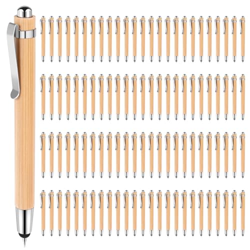 NIZEAMI 100 Stück Kugelschreiber mit Stylus-Spitzen für Touchscreens, einziehbarer Bambus-Kugelschreiber, 1,0 mm schwarze Tinte, Geschenkstifte zum Schreiben von Schul- und Bürobedarf