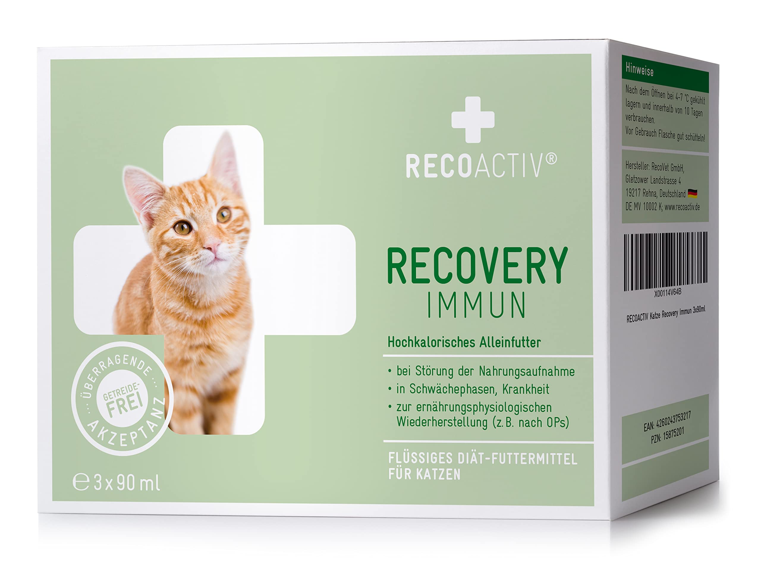 RECOACTIV Recovery Immun für Katzen, 3 x 90 ml, hochkalorisches Diät-Alleinfuttermittel bei Mangelernährung und in der Rekonvaleszenz, zur Gewichtszunahme sowie bei Nahrungsverweigerung