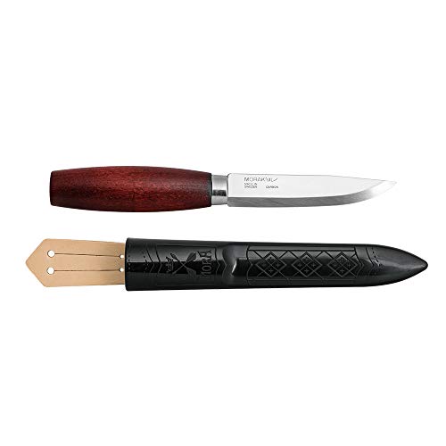 Morakniv Classic 2 mit 10,5 cm Carbonstahlklinge, rotbraunem Birkenholzgriff und Polymerscheide mit Lederschlaufe, 13604