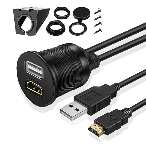 TNP USB + HDMI Einbaubuchse Kabel - 2m, Kfz USB & HDMI Einbau Buchse Kabel, Auto USB & HDMI Aux Verlängerungskabel, Stereo Audio Adapter für Armaturenbrett, LKW, Boot, Motorrad, Autoradio, schwarz