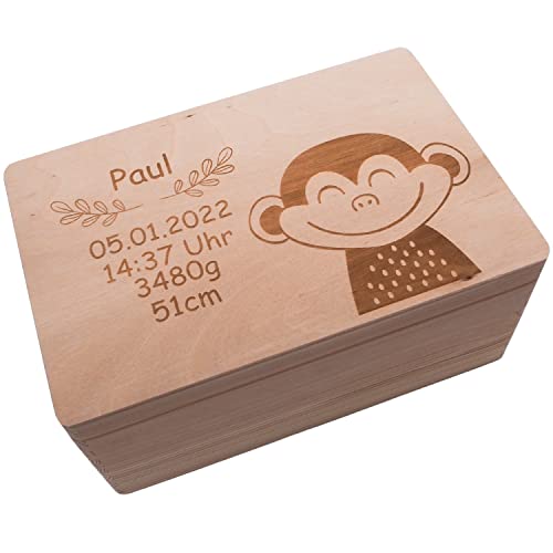 Personalisierte Erinnerungskiste Aufbewahrungsbox Erinnerungsbox für Babys & Kinder I Holzbox - Affe I Personalisierte Geschenke zur Geburt I Box mit Name & Geburtsdaten 40x30x22cm