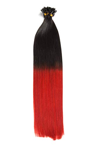 Ombré Keratin Bonding Extensions 100% Remy Echthaar/Human Hair- 150x 1g 50cm Glatte Strähnen - Lange Haare mit Keratin Bondings U-Tip als Haarverlängerung und Haarverdichtung: Farbe Naturschwarz/Rot