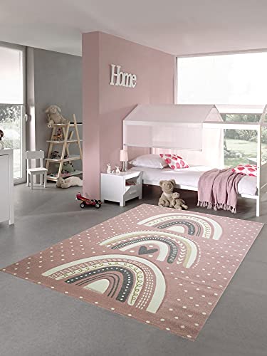 Kinderzimmer Teppich Spielteppich gepunktet Herz Regenbogen Design rosa grau Größe 120x170 cm