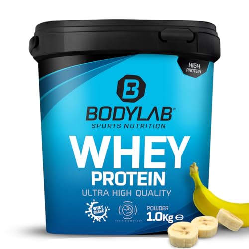Protein-Pulver Bodylab24 Whey Protein Banane 1kg, Protein-Shake für Kraftsport & Fitness, Whey-Pulver kann den Muskelaufbau unterstützen, Hochwertiges Eiweiss-Pulver mit 80% Eiweiß, Aspartamfrei