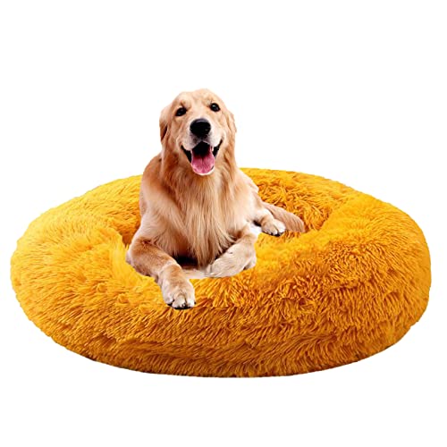 MOZTBH Hundebett Katzenbett,Waschbar Weiche Flauschig Hundesofa,Gemütliches Hundekissen Rutschfestes Rund Mit Reißverschluss Plüsch Donut Hundebett-golden||Ø 80cm/31in