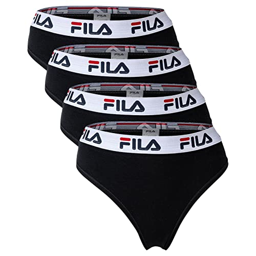 FILA Damen String - 4er Pack Slips, Logobund, Cotton Stretch (XL, Schwarz)