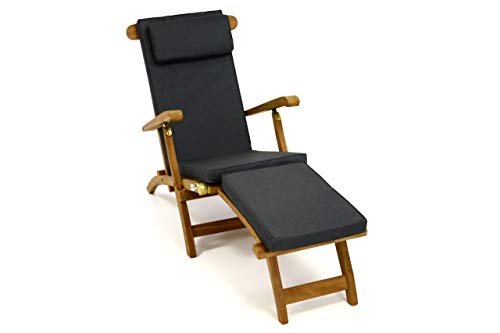 Nexos DIVERO Liegestuhl eleganter Deckchair Florentine Steamer Chair Teakholz Liegenauflage mit Kopfteil mit 4 Segmenten wasserabweisend Bezug abnehmbar mit Reißverschluss (anthrazit)