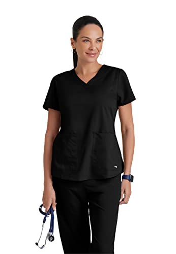 Grey's Anatomy Women's Two Pocket V-Neck Scrub Top with Shirring Back, Black, Large