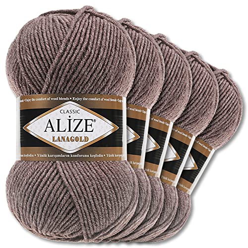 Alize 5 x 100 g Lanagold Wolle | 53 Auswahl | Stricken Häkeln Wolle (240 | Kaffee Melange)