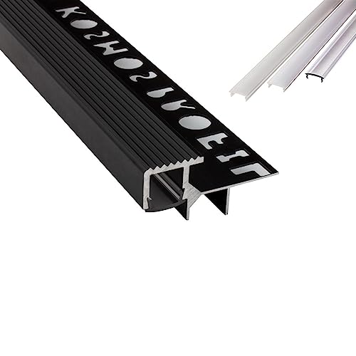 T-40 LED Alu Fliesenprofil Treppenprofil Stufen 12mm schwarz + Abdeckung Abschlussleiste Fliesen für LED-Streifen-Strip 1m milky