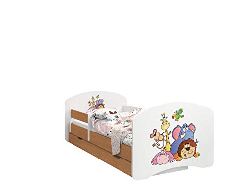 Happy Babies - Doppelseitiges KINDERBETT MIT SCHUBLADE Modernes Design mit sicheren Kanten und Absturzsicherung Schaumstoffmatratze 7 cm Buche (Safari, 180/90)