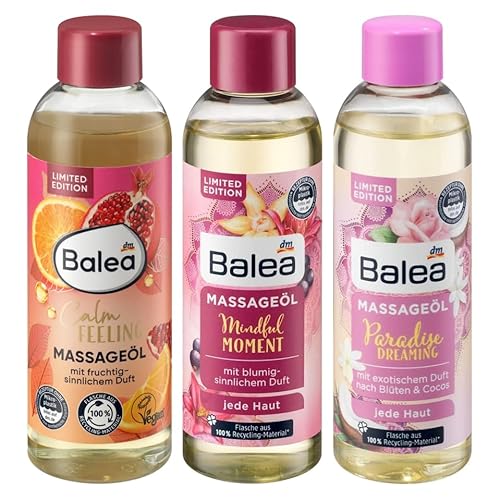 Balea 3er-Set Massageöl: CALM FEELING mit fruchtig-sinnlichem Duft (100 ml) + MINDFUL MOMENT mit blumig-sinnlichem Duft (100 ml) + PARADISE DREAMING mit exotischem Duft Blüten & Cocos (100 ml), 300 ml