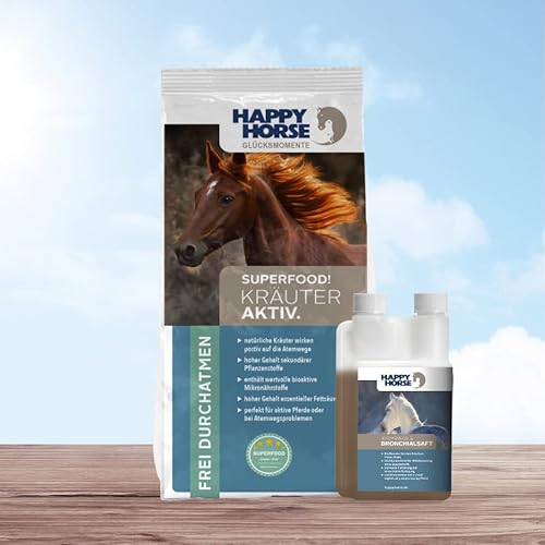 Happy Horse Superfood Kräuter Aktiv 14 kg + Atemwege und Bronchialsaft 1000 ml - zur positiven Beeinflussung der Atemwege
