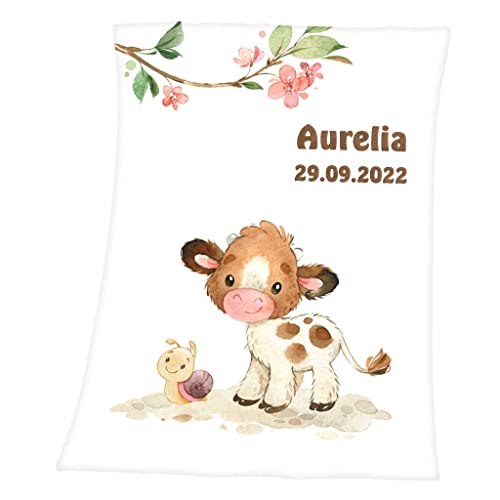 Wolimbo Soft-Peach Babydecke mit Namen personalisiert - Motiv Kuh Schnecke - Besticktes Geschenk für Mädchen und Junge 75x100cm