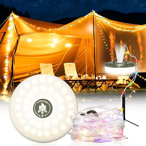 USMEI Campinglampe 2-in-1 USB Lichterkette Camping 10M, 5 Modi Tragbare Wasserdichte Lichterkette Außen, Wiederaufladbare Campinglampe Einziehbare LED Zeltleuchte für Outdoor Camping Hof Dekor