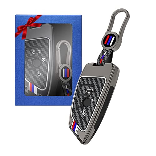 Yumzeco Autoschlüsselhülle aus Zinklegierung, kompatibel mit BMW 2' F45/F46 5' G30/G31 X1' F48 X3' G01 X4' G02 X5' F15, Schlüsseletui, Kohlefaser-Muster, Schlüsseletui mit Schlüsselanhänger Keyless