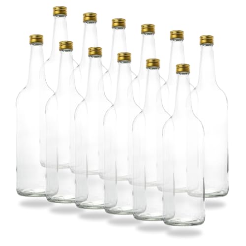 12 Leere 1 Liter Glasflaschen 1000ml mit Schraubverschluss Gold PP28 - Glastrinkflasche 1l ideal als Wasserflasche Glas 1l, Schnapsflaschen 1l, Likörflaschen 1l oder Leere Weinflaschen 100 cl