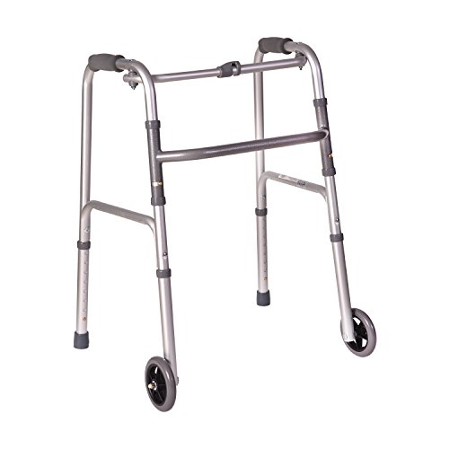DMI Lightweight Aluminum Folding Walker with Single Release, 5 Inch Wheels, Adjustable Height, No Assembly Needed, Silver by Duro-Med