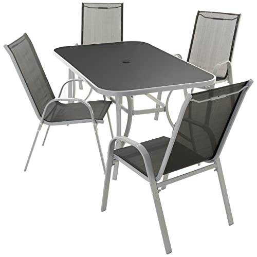 Nexos 5-teiliges Gartenmöbel-Set – Gartengarnitur Sitzgruppe Sitzgarnitur aus Stapelstühlen & Esstisch – Aluminium Kunststoff Glas – schwarz grau