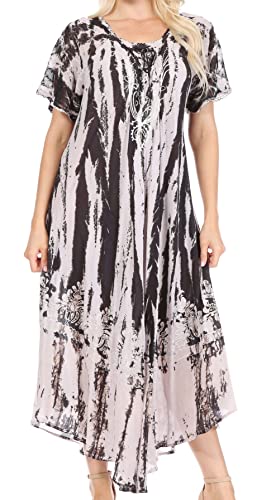Sakkas 17260 - Devora Frauen Maxi Nightgown Kaftan Kaftan Kleid Tie Dye Batik & Korsett - Olive-Creme - OS