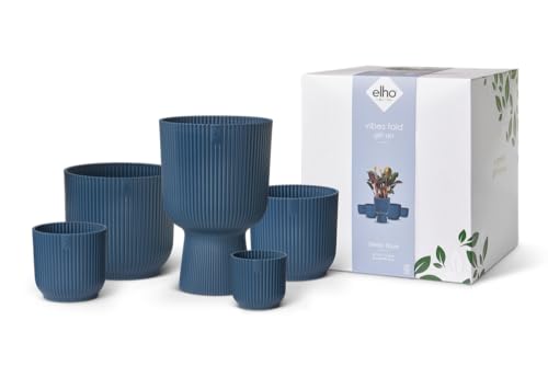 elho Vibes Fold Round Geschenkset - Blumentöpfe aus 100% recyceltem Kunststoff - 5er Set - Ø 7, 9, 11, 14 & 14 cm - Blau/Tiefes Blau