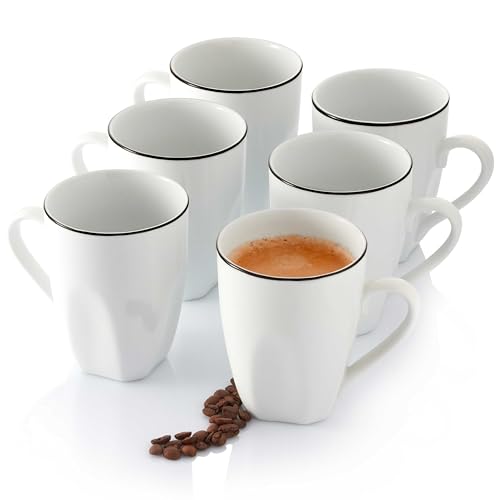 SÄNGER | Kaffeetassen Set Bilgola Black Rim 6 tlg, Kaffeebecher Porzellan für 6 Personen, Kaffeetassen & Becher spülmaschinenfest, Servier Geschirr, Tassen Set in Weiß mit Schwarzen Akzenten | 220 ml