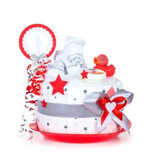 MomsStory - mini Windeltorte Weihnachten | Baby-Geschenk zur Geburt Taufe Babyshower | 1 Stöckig (Rot-Weiß) mit Baby-Schuhchen Spucktuch & mehr
