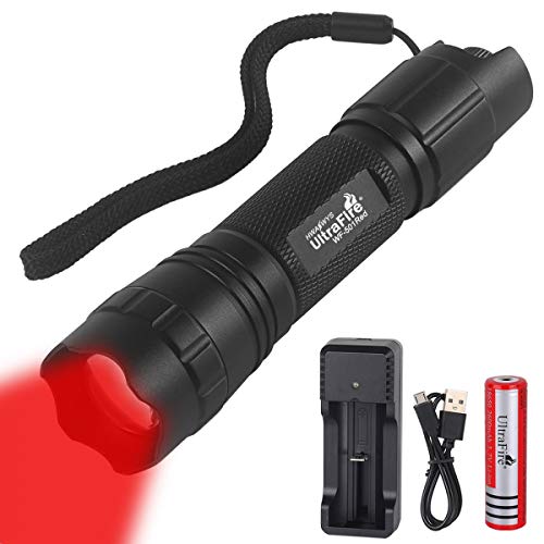 ULTRAFIRE 501R Rotlicht LED Taschenlampe 630 nm Zoomable Stufenlose Dimmung Taktische Taschenlampe, mit 18650 Wiederaufladbare Batterie und USB Ladegerät, Nachtsicht Jagd Mini Taschenlampe
