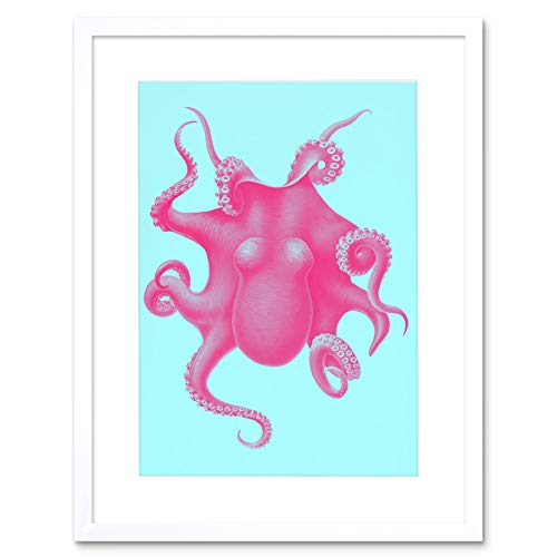 Pink Octopus Vintage Illustration Art Print Framed Poster Wall Decor 12x16 inch Rosa Jahrgang Wand Deko